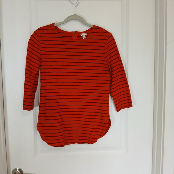 Merona Tunic Top Women’s Size XS Red Black Striped Long Sleeve Back Zip Stretch - Picture 6 of 8